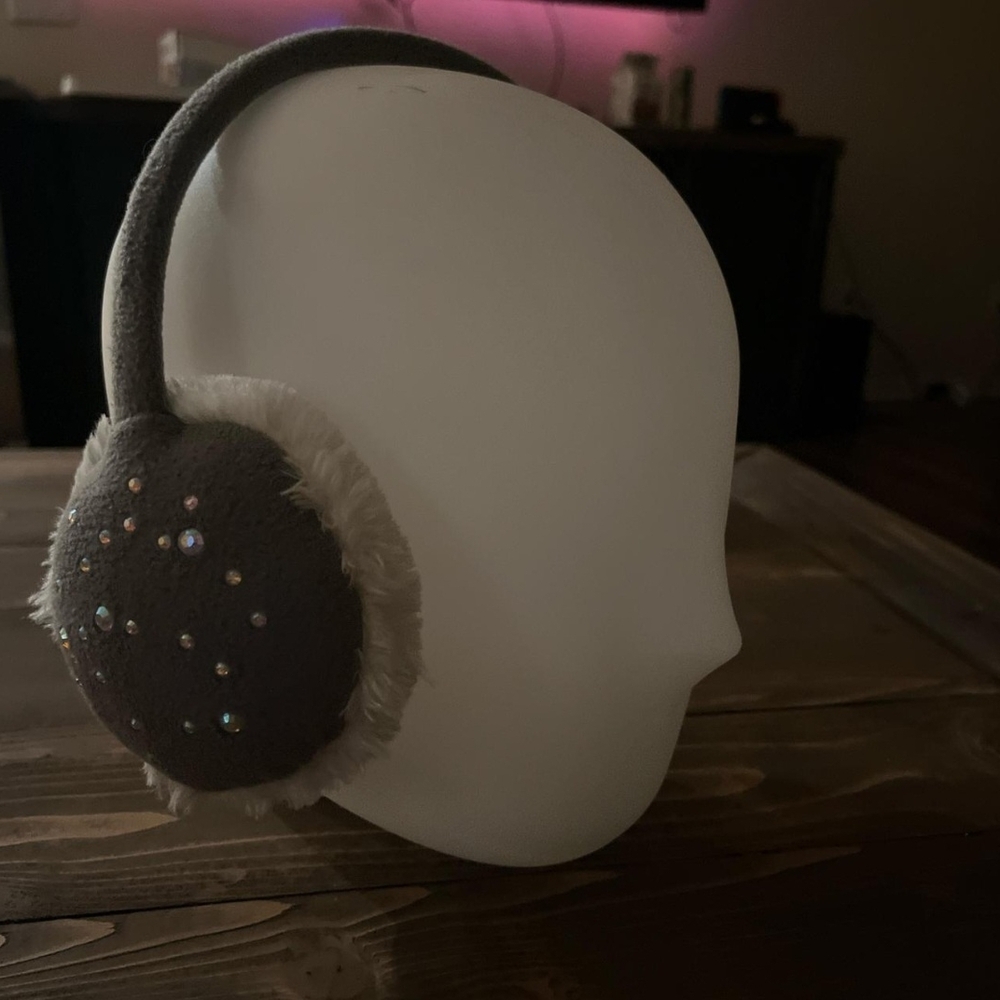 Grey Fuzzy Earmuffs With Rhinestones